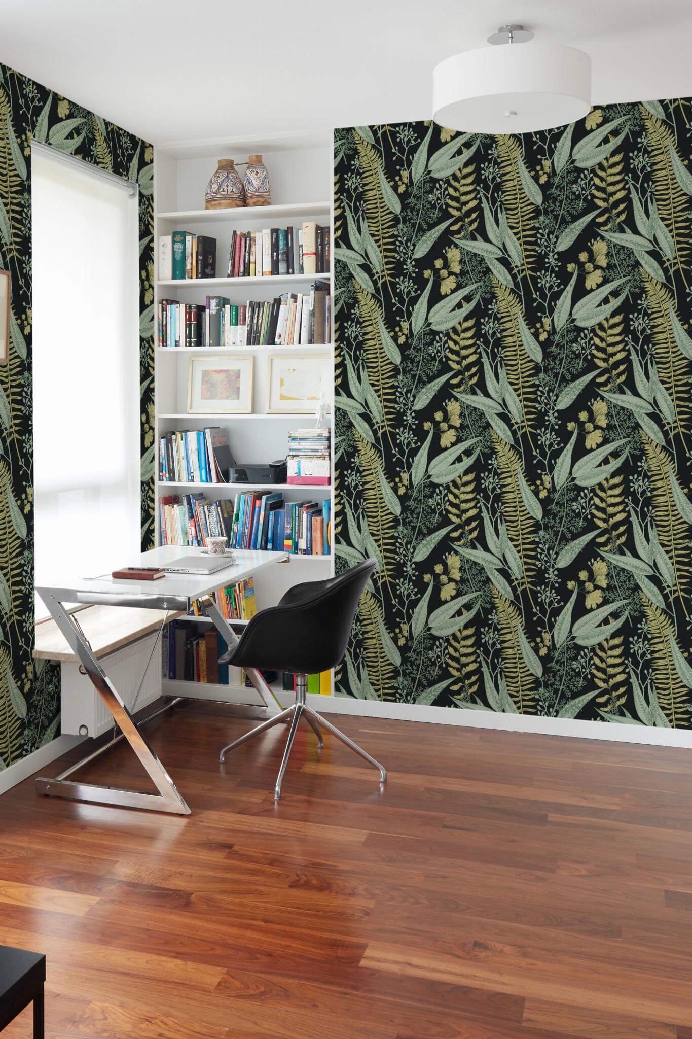 Green & Black Fern Leaf Wallpaper | Modern Botanical Design | Tropical Textured Wall Mural
