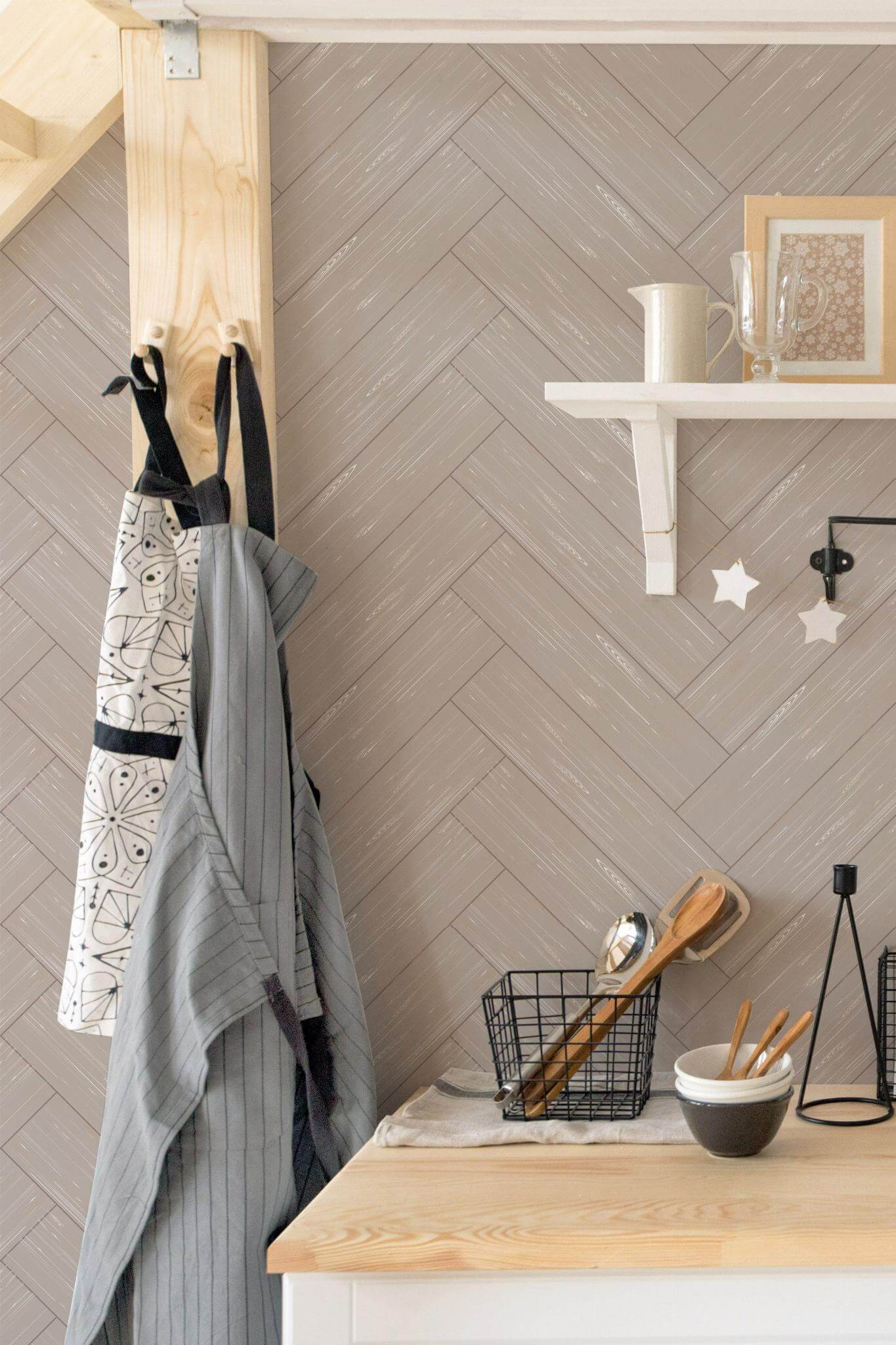 Wood Herringbone Wallpaper | Modern Scandinavian Design | Realistic Parquet Wall Mural