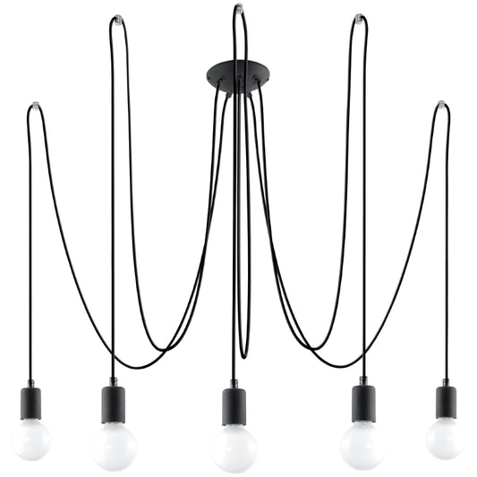 Industrial 5-Light Black Ceiling Pendant | Adjustable Fabric Cable Loft Chandelier | Modern E27 Lighting Fixture