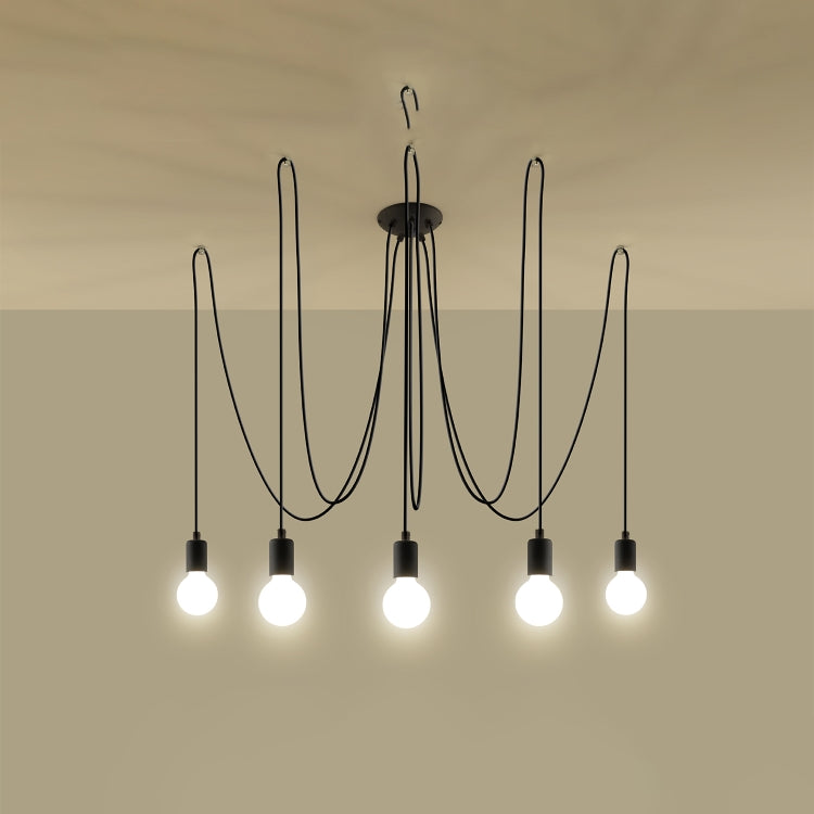 Industrial 5-Light Black Ceiling Pendant | Adjustable Fabric Cable Loft Chandelier | Modern E27 Lighting Fixture