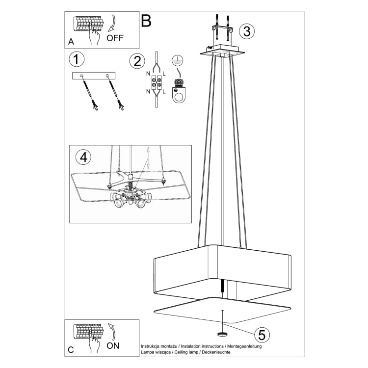 Contemporary Square Ceiling Light | Modern Fabric & Glass Pendant | 5-Light Black Fixture