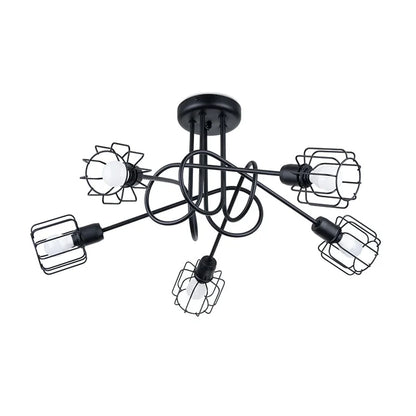 5-Light Black Steel Ceiling Chandelier | Industrial Geometric Loft Lamp | Modern Cage Design