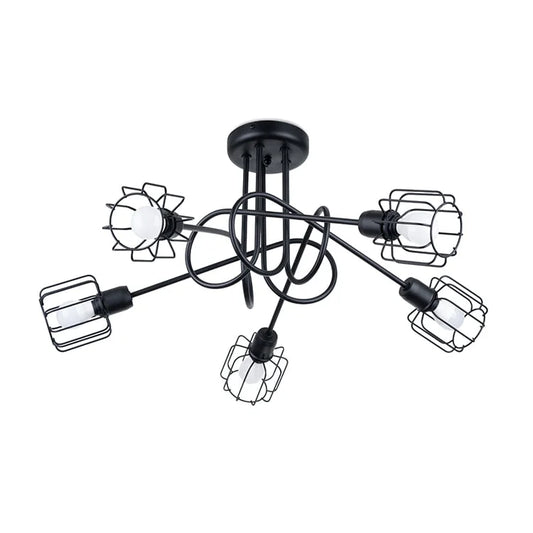 5-Light Black Steel Ceiling Chandelier | Industrial Geometric Loft Lamp | Modern Cage Design