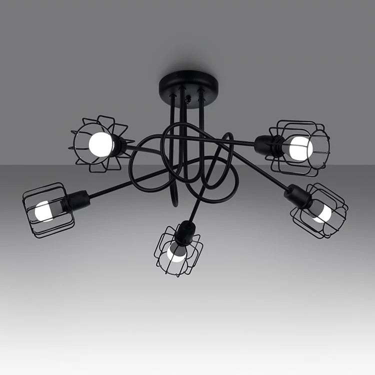 5-Light Black Steel Ceiling Chandelier | Industrial Geometric Loft Lamp | Modern Cage Design