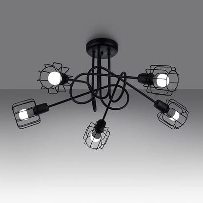 5-Light Black Steel Ceiling Chandelier | Industrial Geometric Loft Lamp | Modern Cage Design