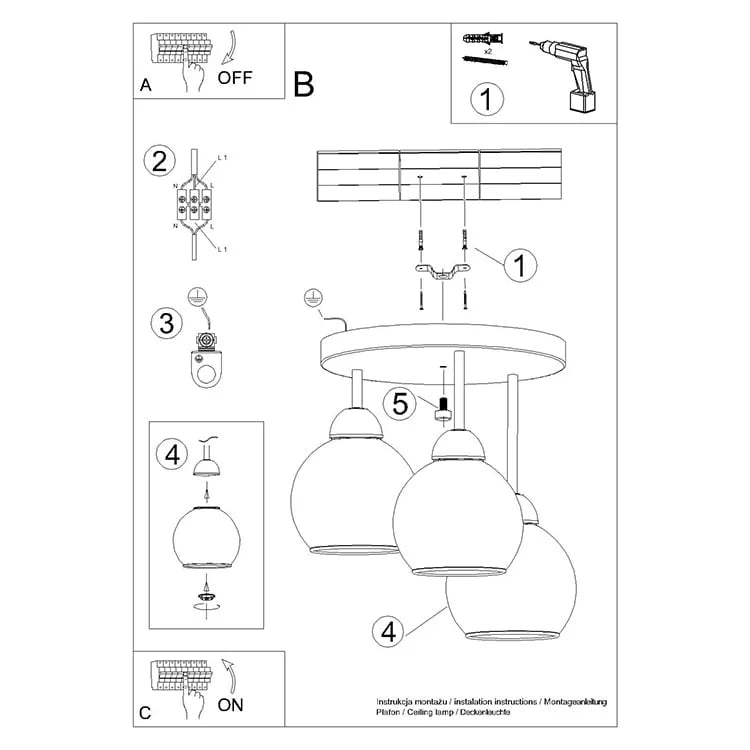 Modern 3-Light Black Chandelier | Glass Ceiling Light | Steel Frame