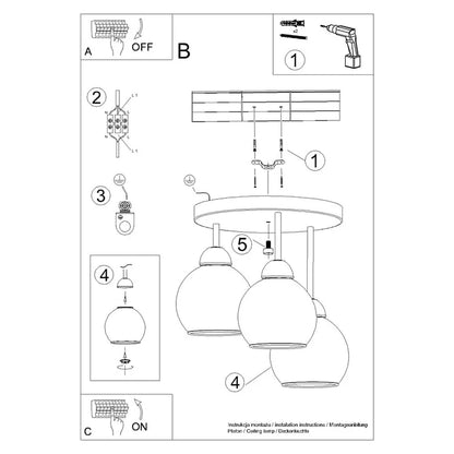 Modern 3-Light Black Chandelier | Glass Ceiling Light | Steel Frame
