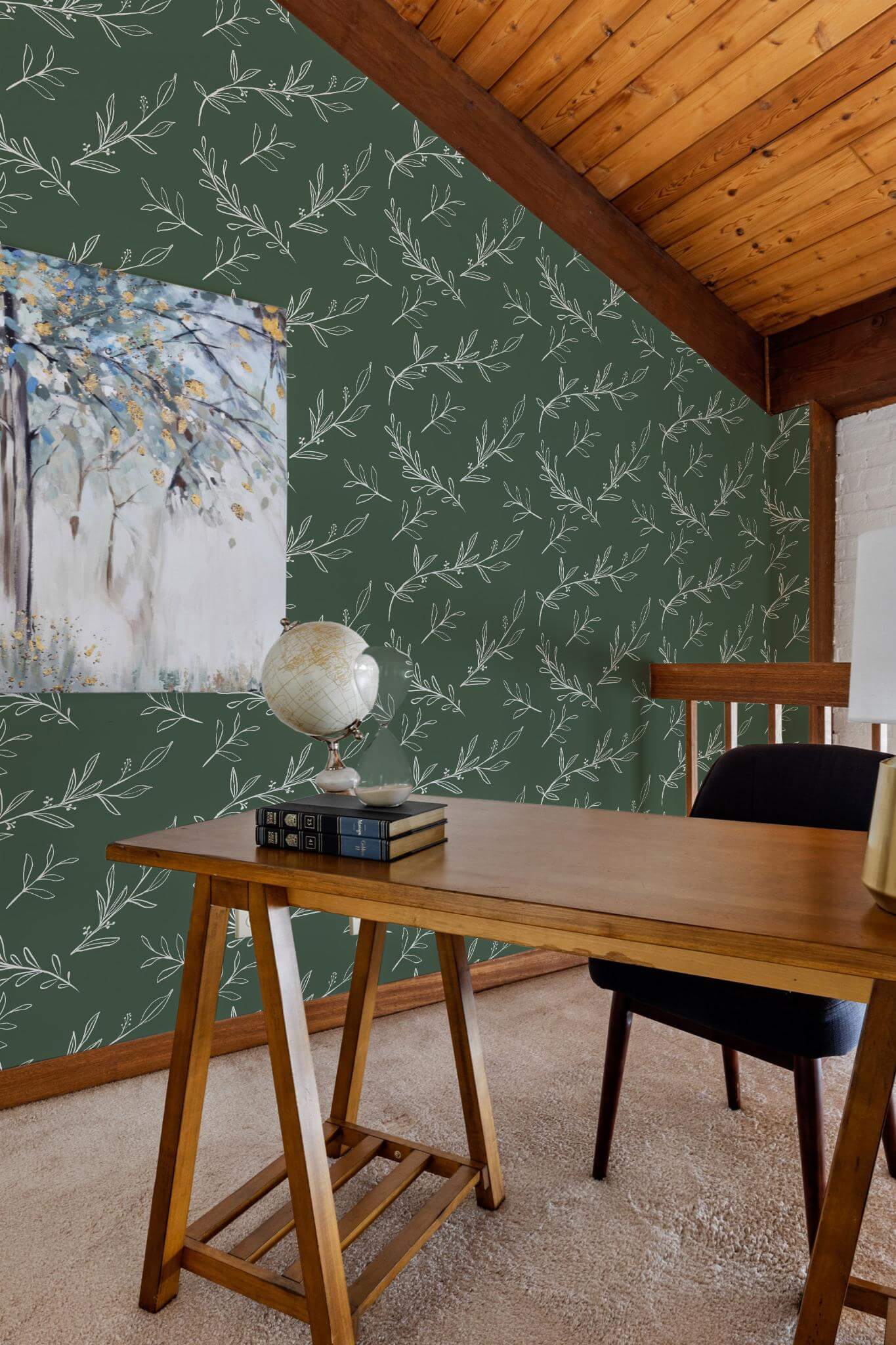 Green Boho Leaf Wallpaper | Modern Botanical Design | Natural Scandinavian Wall Mural