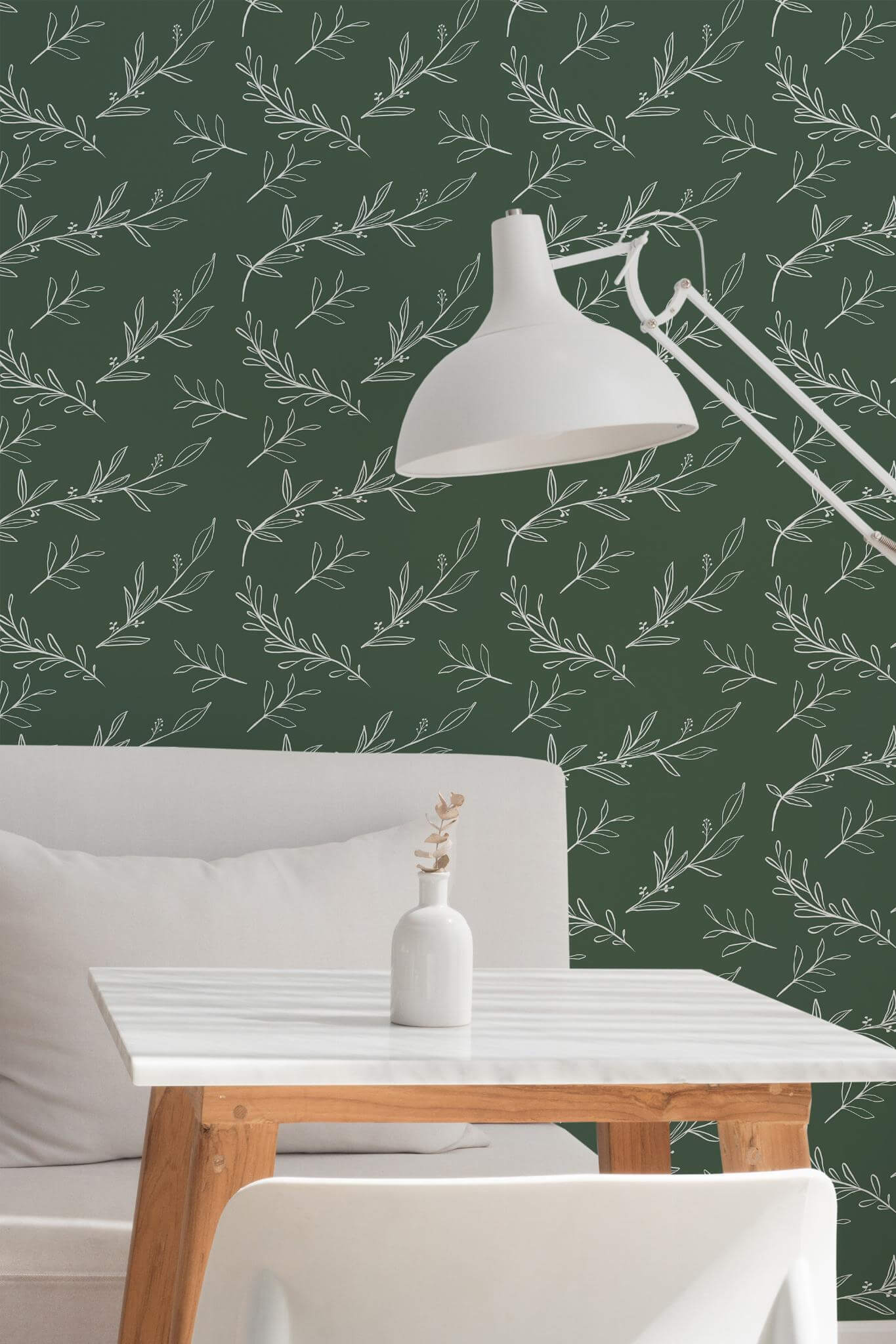 Green Boho Leaf Wallpaper | Modern Botanical Design | Natural Scandinavian Wall Mural