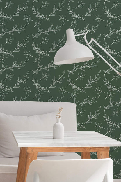 Green Boho Leaf Wallpaper | Modern Botanical Design | Natural Scandinavian Wall Mural