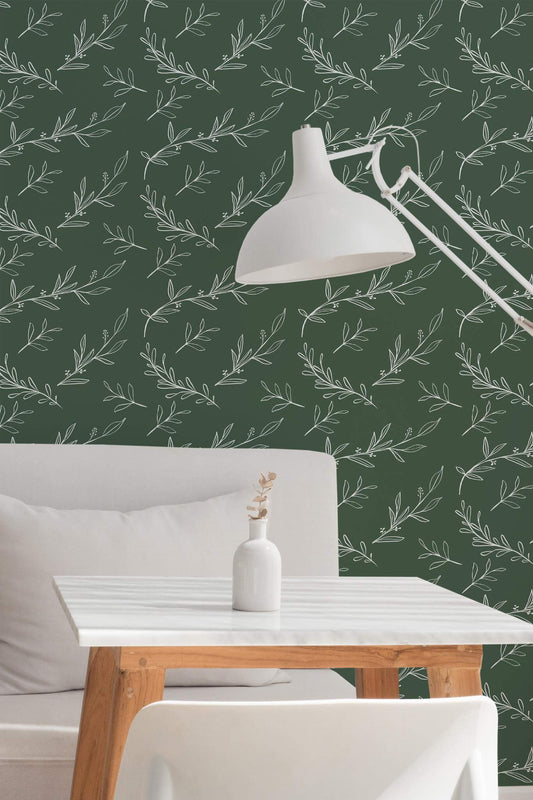 Green Boho Leaf Wallpaper | Modern Botanical Design | Natural Scandinavian Wall Mural