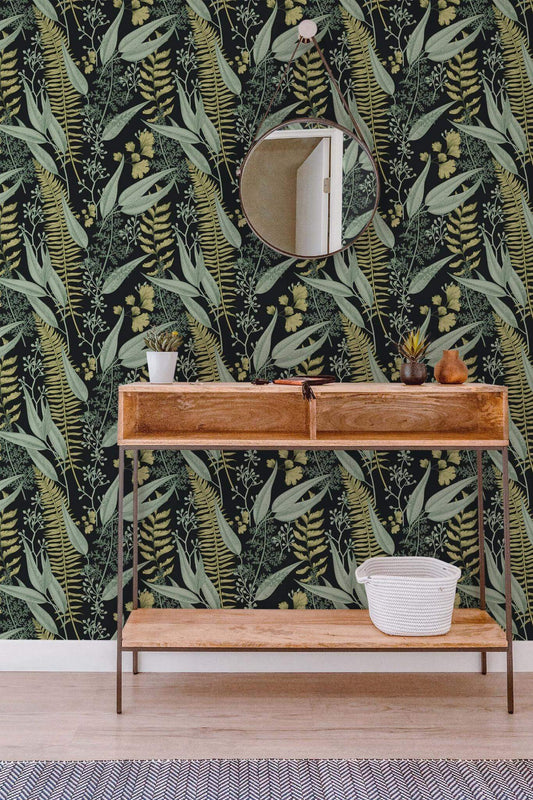 Green & Black Fern Leaf Wallpaper | Modern Botanical Design | Tropical Textured Wall Mural