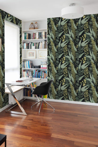 Green & Black Fern Leaf Wallpaper | Modern Botanical Design | Tropical Textured Wall Mural