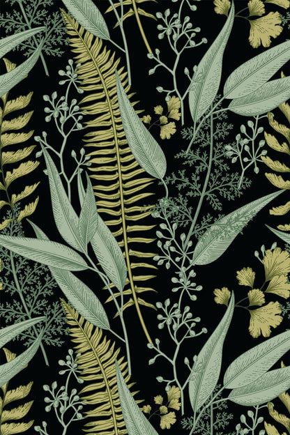Green & Black Fern Leaf Wallpaper | Modern Botanical Design | Tropical Textured Wall Mural