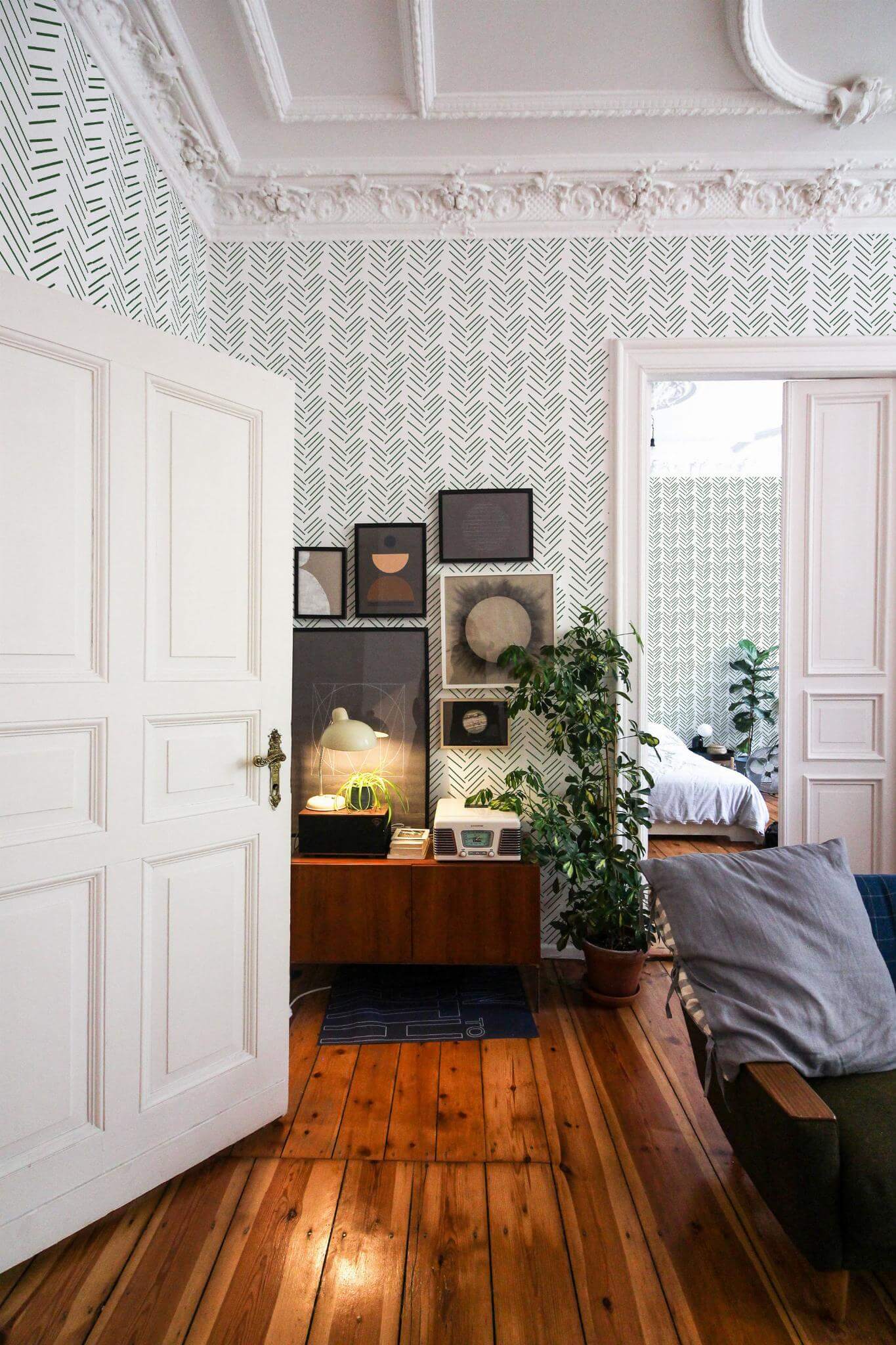 Green Herringbone Wallpaper | Modern Scandinavian Design | Realistic Textured Wall Mural