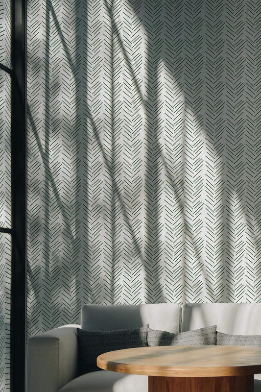 Green Herringbone Wallpaper | Modern Scandinavian Design | Realistic Textured Wall Mural